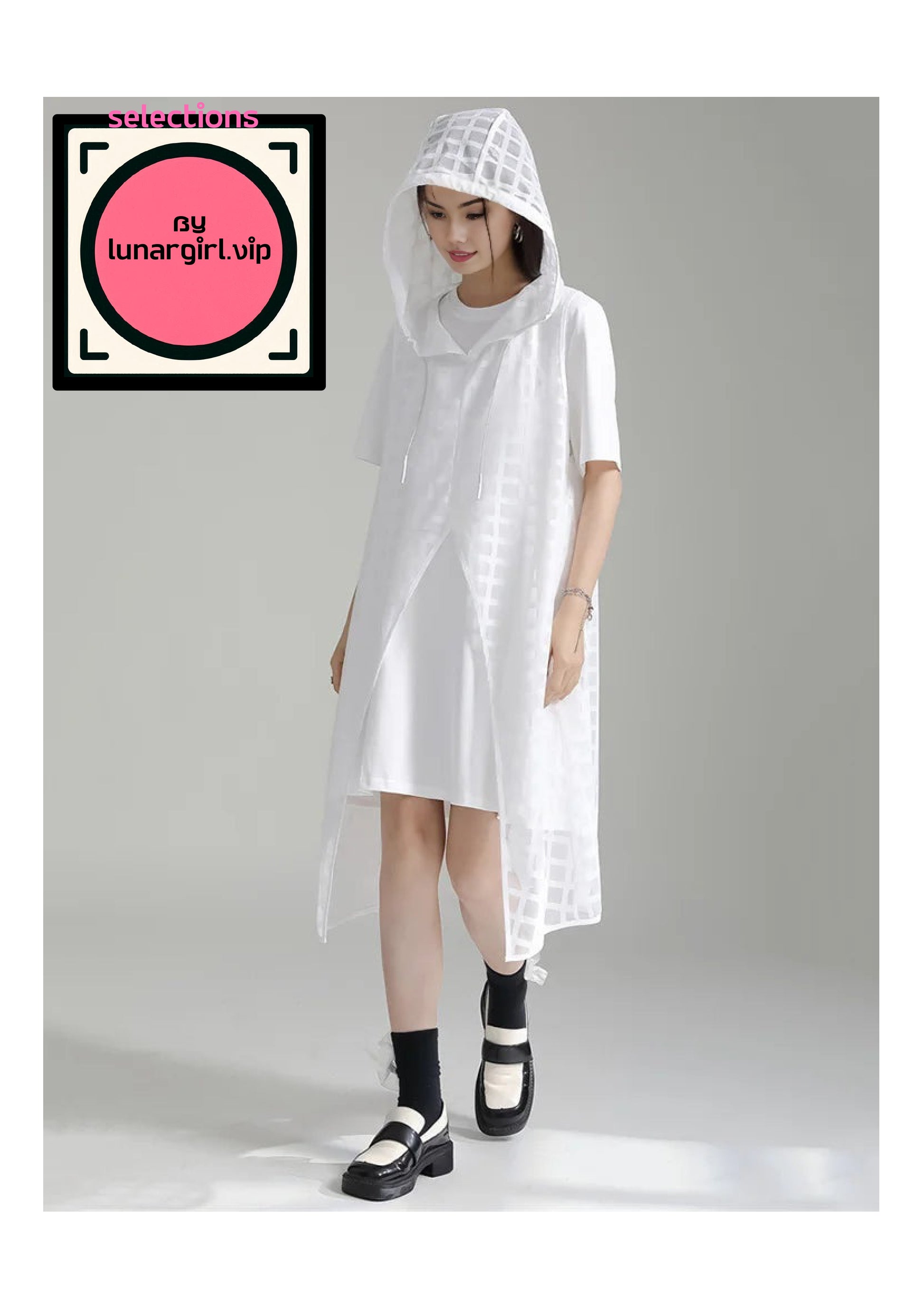 This white hooded dress is a perfect blend of casual comfort and chic style featuring a relaxed fit, short sleeves, and modern design, creating both a laid-back and stylish look. The knee-length hem adds a touch of elegance, making it suitable for both casual outings and more polished events. The lightweight, slightly sheer fabric with a subtle texture or pattern adds visual interest and a hint of sophistication. This is a favourite for trendsetters looking for a standout piece that is both fun and refined.