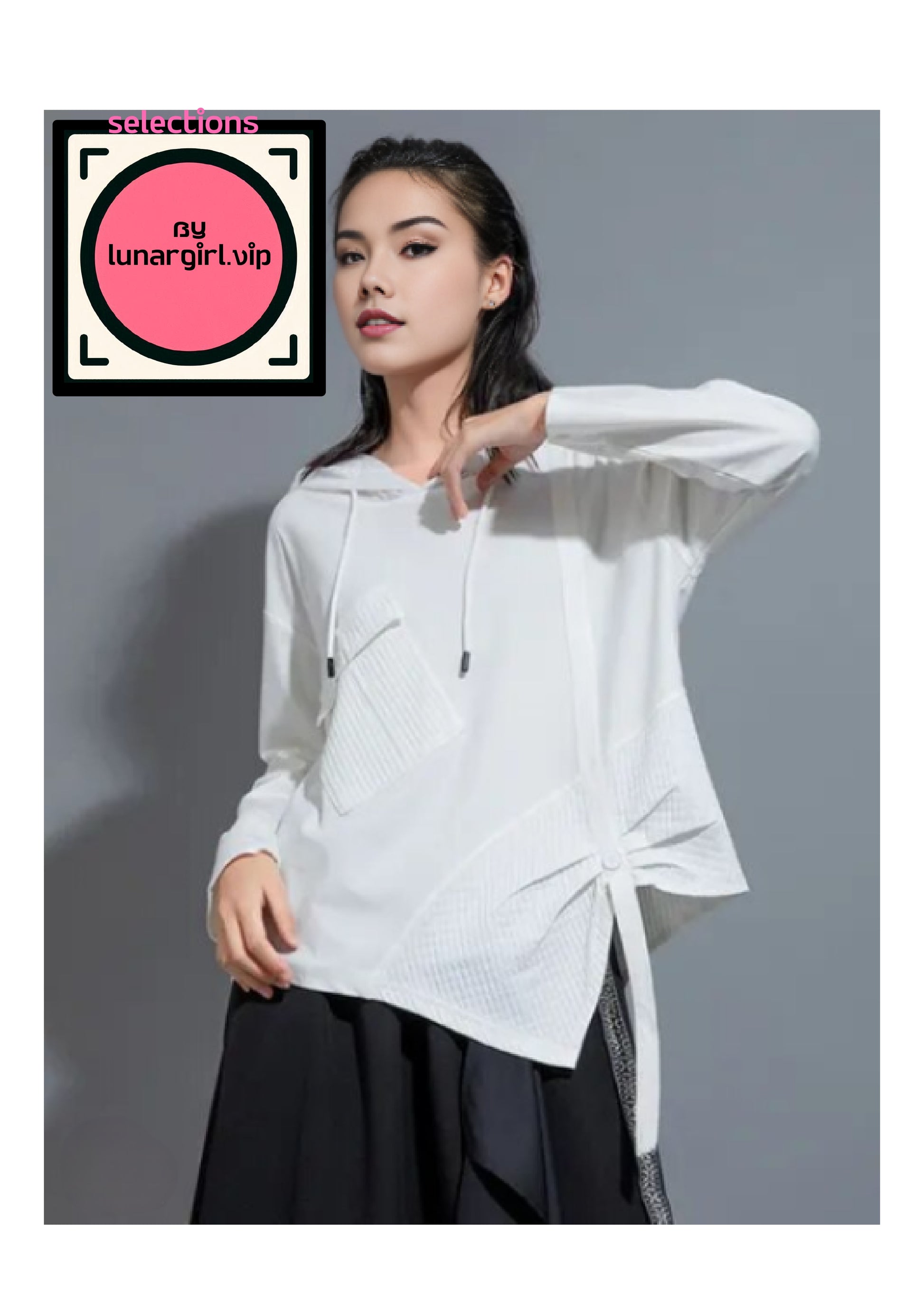 This chic, white, long-sleeved top incorporated an asymmetrical cut and textured panels featuring drawstrings that add a touch of versatility and modernity. The asymmetrical design, with one side longer than the other, creates a unique silhouette that stands out.

This white, long-sleeved top is a perfect blend of elegance and contemporary stylemakes use of the asymmetrical cut and textured panels to add depth and dimension, making it a standout piece in any wardrobe. Classic with chic aesthetic, this top i