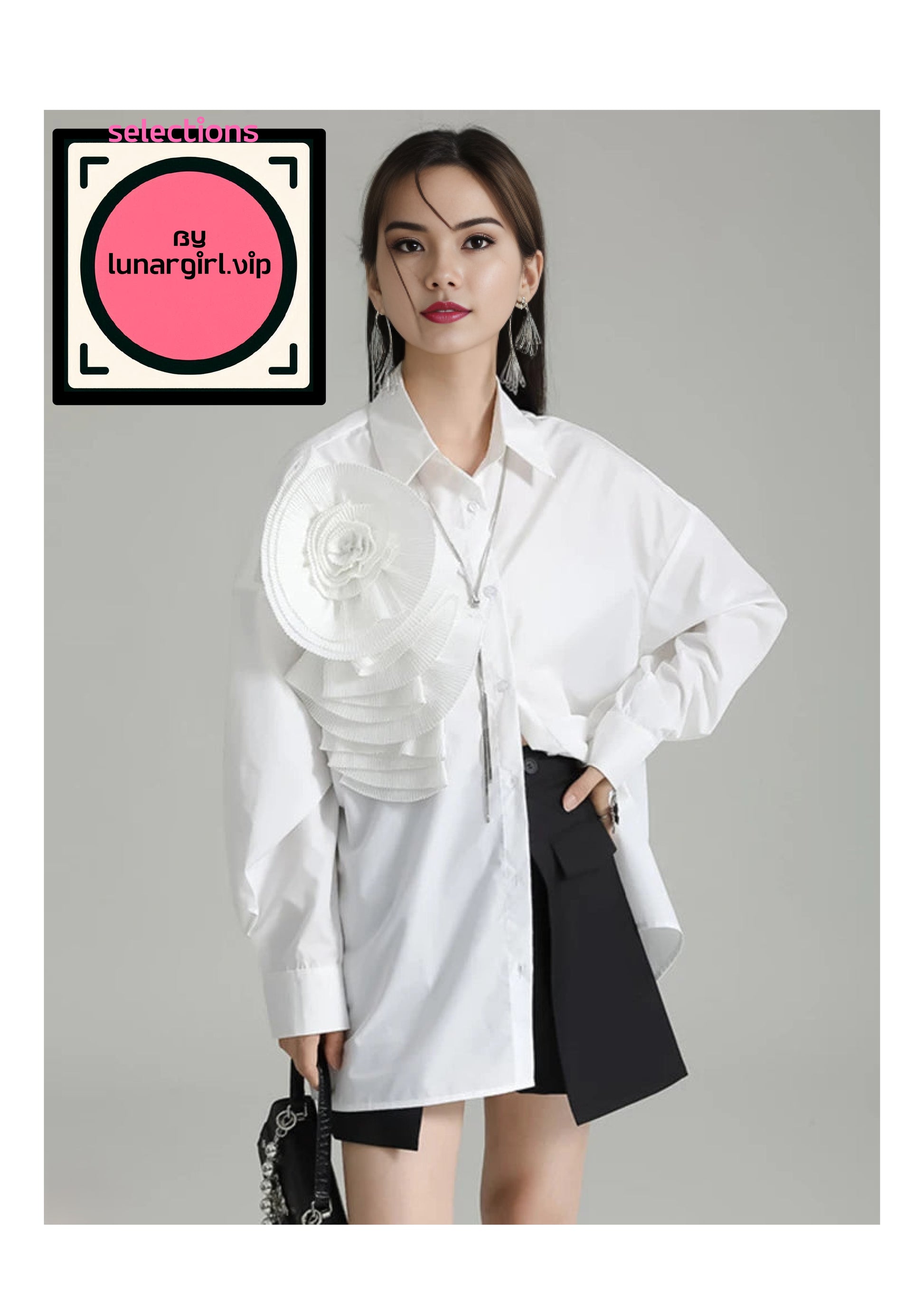 This white oversized blouse is characterized by its loose, relaxed fit, making it a comfortable yet chic addition to your wardrobe.

The blouse features a classic collar, which adds a touch of formality and structure to the otherwise relaxed silhouette. The neckline is traditional, with a button-up front that allows for adjustable styling.

The long sleeves are designed with buttoned cuffs, which can be rolled up for a more casual look or left down for a polished appearance. The sleeves are slightly puffed 