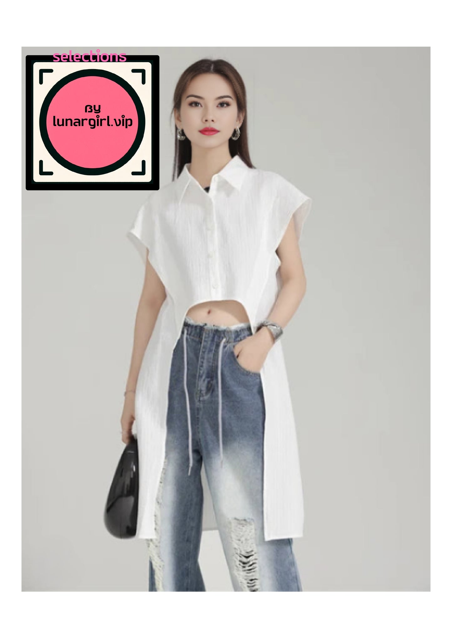 This short-sleeved top with its distinctive design features a pointed collar and a button-up front, which is partially visible due to the top’s open style. The sleeves are wide and seem to end around the mid-bicep area, with no cuff detailing, giving the top a casual yet structured look. 
One of the standout features is the asymmetrical hemline creating a unique visual effect that draws attention to the waist. This asymmetry adds a modern, edgy twist to the classic shirt design.
Style and Versatility
Casual