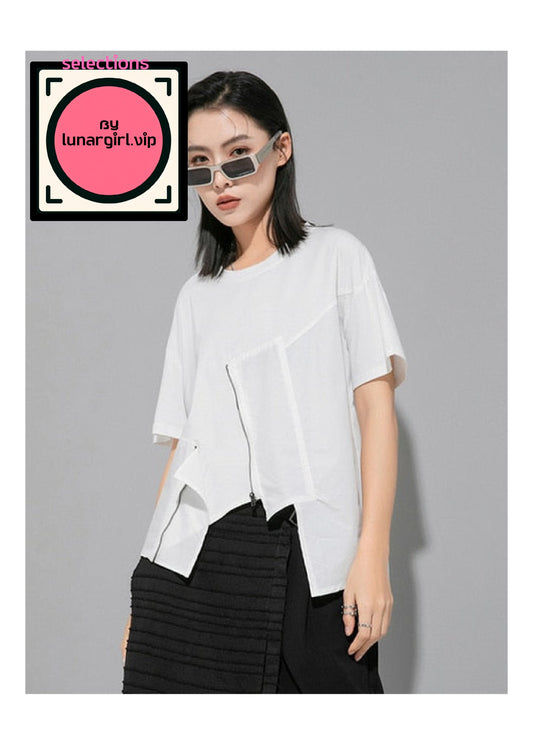 This white shirt is stylish and makes for comfort and ease of wear in warm weather or for layering under jackets and sweaters. The shirt features a classic round neckline that sits comfortably around the base of the neck, providing a clean and timeless look.

One of the standout features of this shirt is its asymmetrical hemline, which adds a modern and fashionable twist to the traditional design. The front of the shirt showcases a unique layered effect, with the top layer ending just above the waist and th